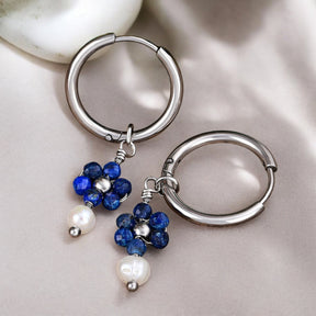 Silver Lapis Lazuli & Pearl Blossom Hoop Earrings