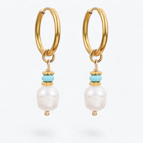 Golden Grace Pearl & Turquoise Agate Hoop Earrings