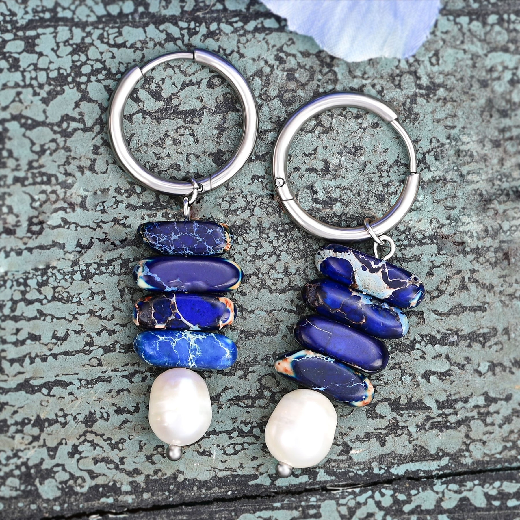 Ocean Bliss Pearl & Lapis Jasper Hoop Drops