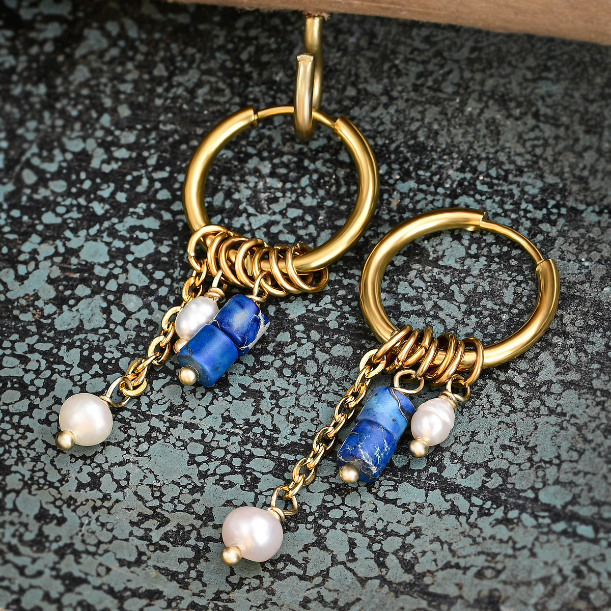 Golden Lapis Bloom Drop Hoop Earrings