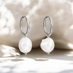 Silver Pearl Charm Hoop Earrings