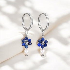 Silver Lapis Lazuli & Pearl Blossom Hoop Earrings