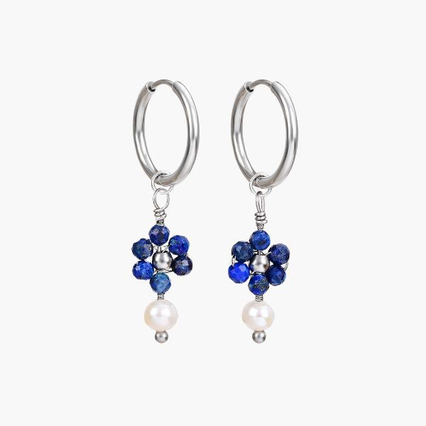 Silver Lapis Lazuli & Pearl Blossom Hoop Earrings