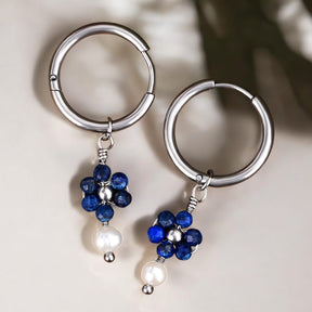 Silver Lapis Lazuli & Pearl Blossom Hoop Earrings