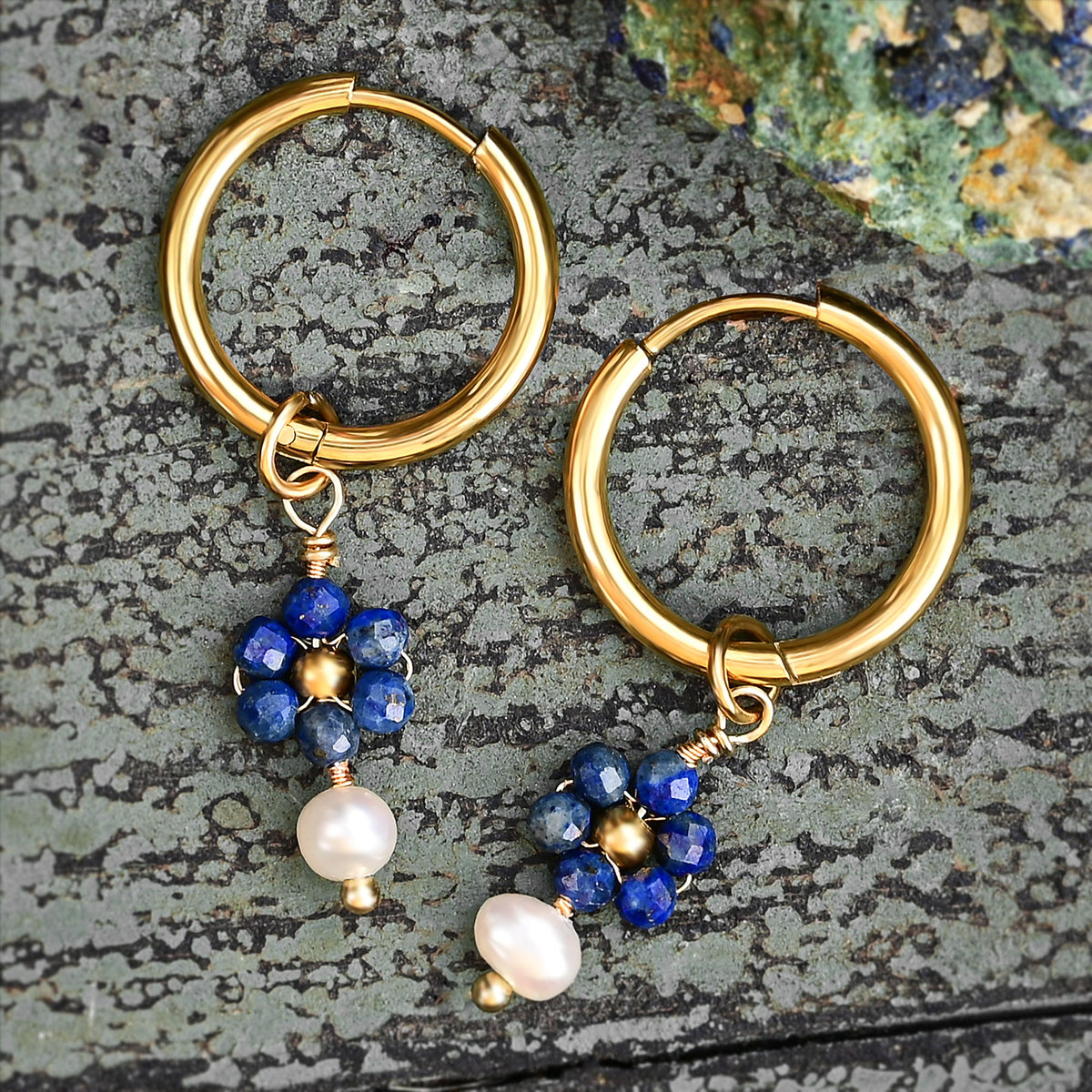 Lapis Blossom Pearl Hoop Earrings