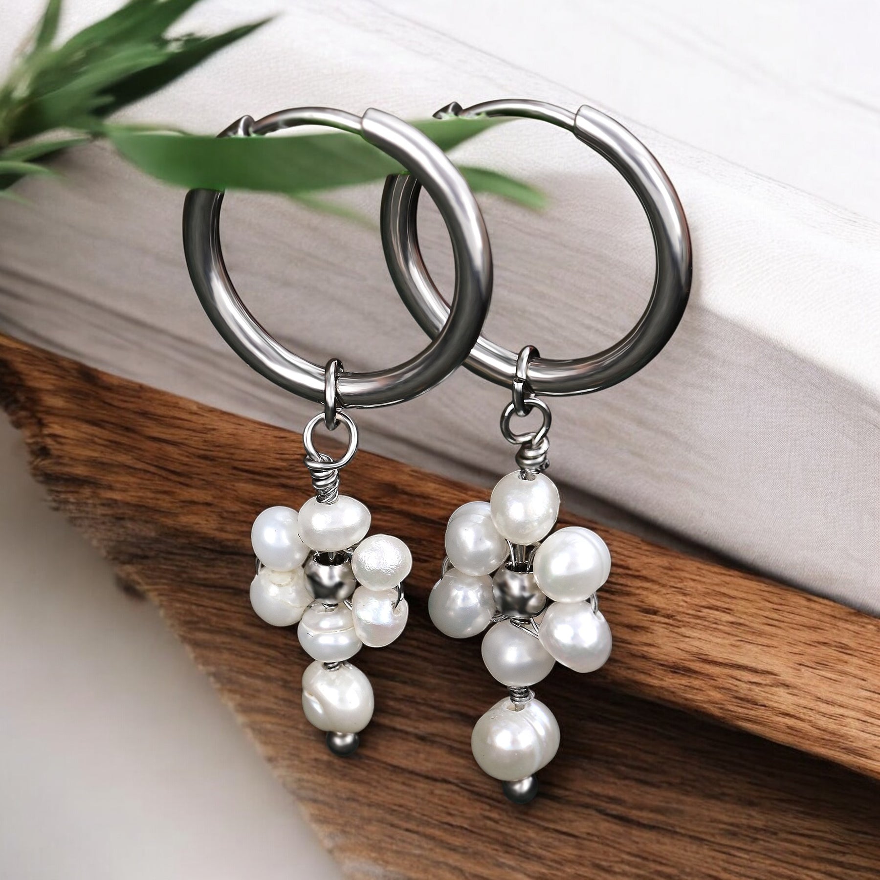 Silver Pearl Blossom Hoop Earrings