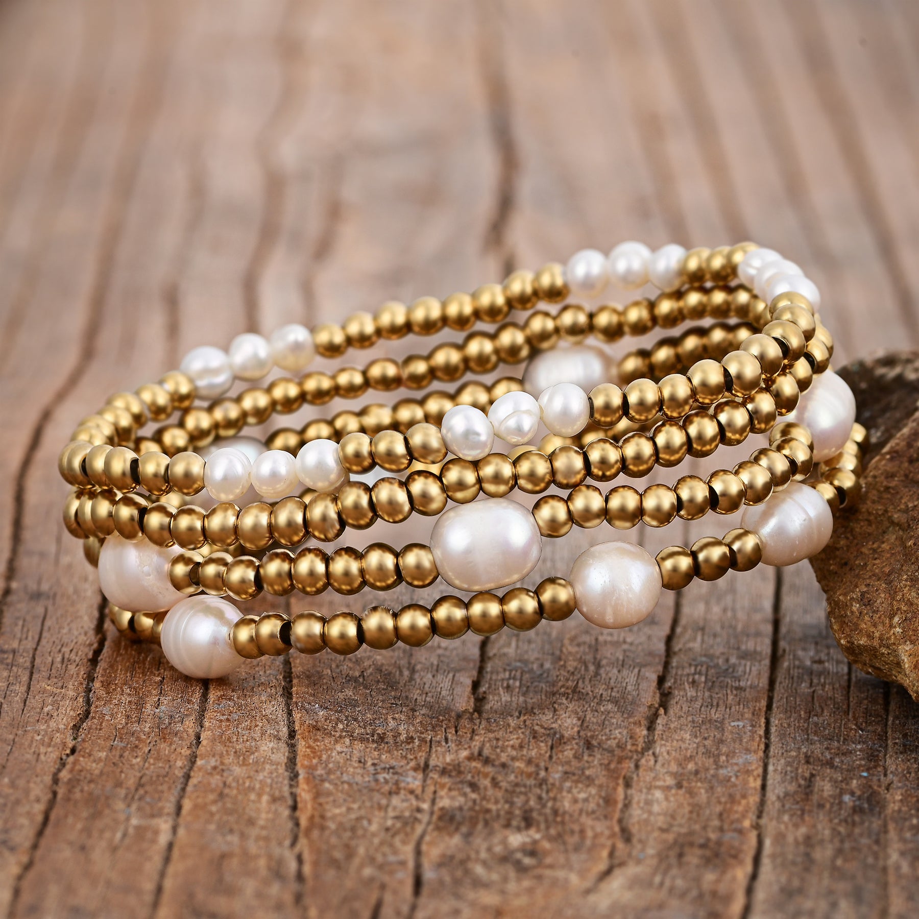 Gold and Pearl Bracelet Set