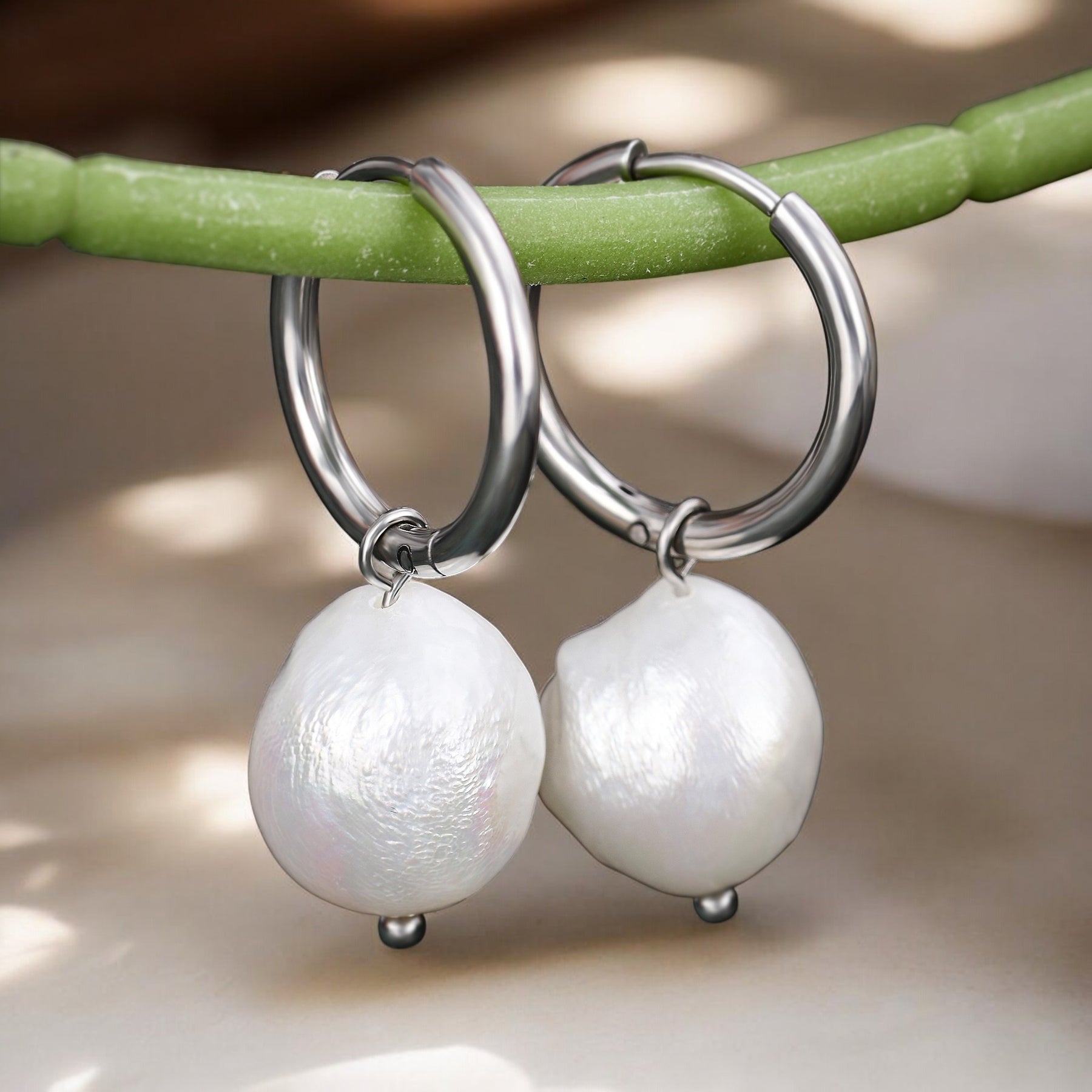 Silver Pearl Charm Hoop Earrings