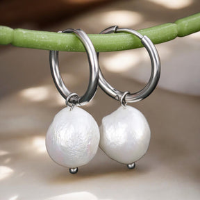 Silver Pearl Charm Hoop Earrings