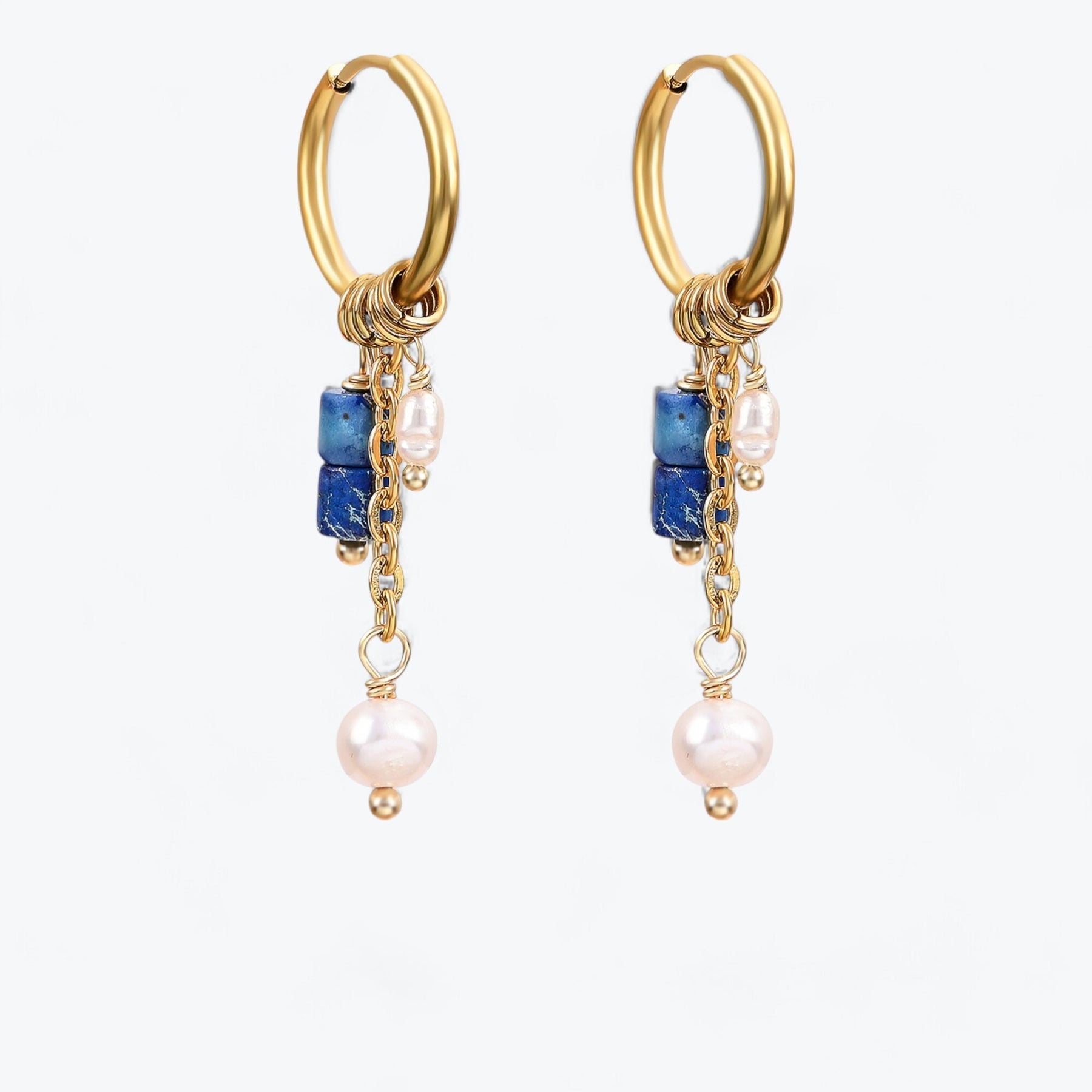 Golden Lapis Bloom Drop Hoop Earrings